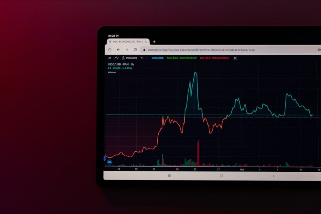 Screen showing a price chart against a dark red background