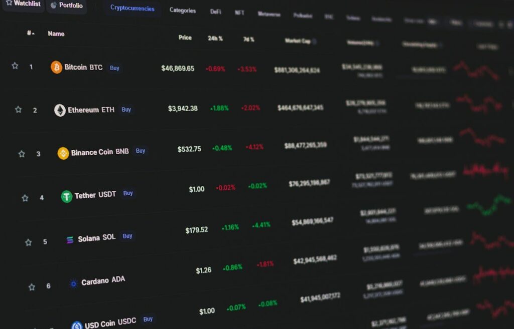 Screen listing coins with prices and changes