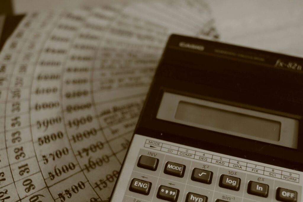 Calculator and printed sheet used to size a breakout and retest trade from the stop distance