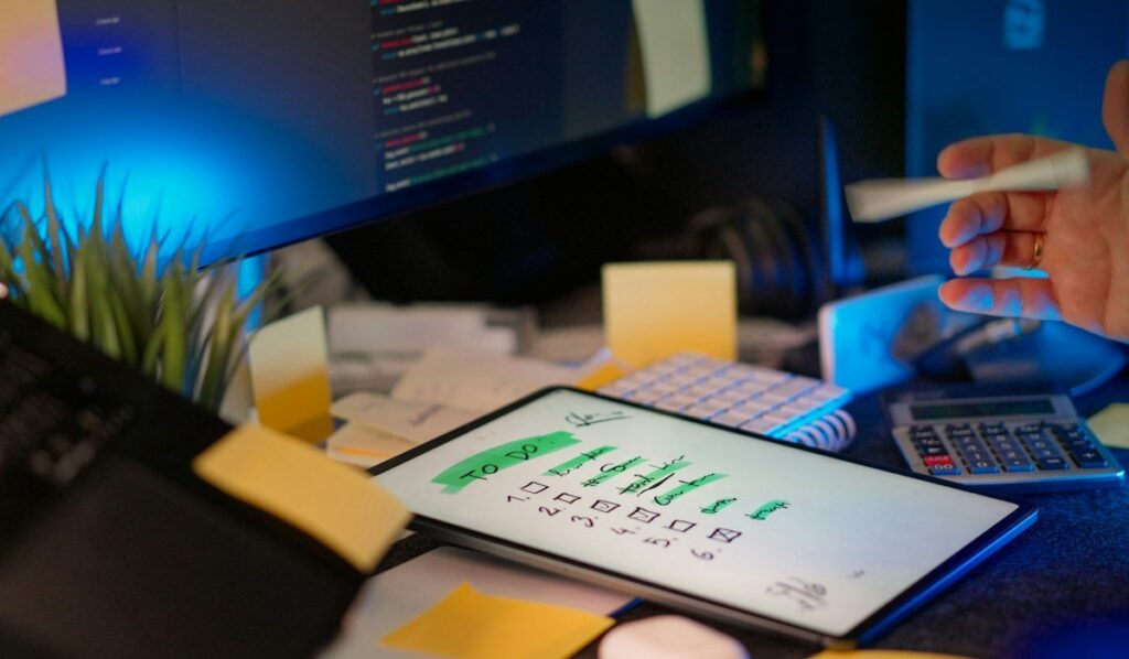 Tablet showing a chart beside a calculator and sticky notes