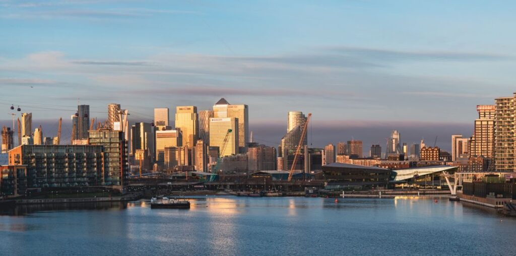 Office towers in the City of London in early morning light, before the London open