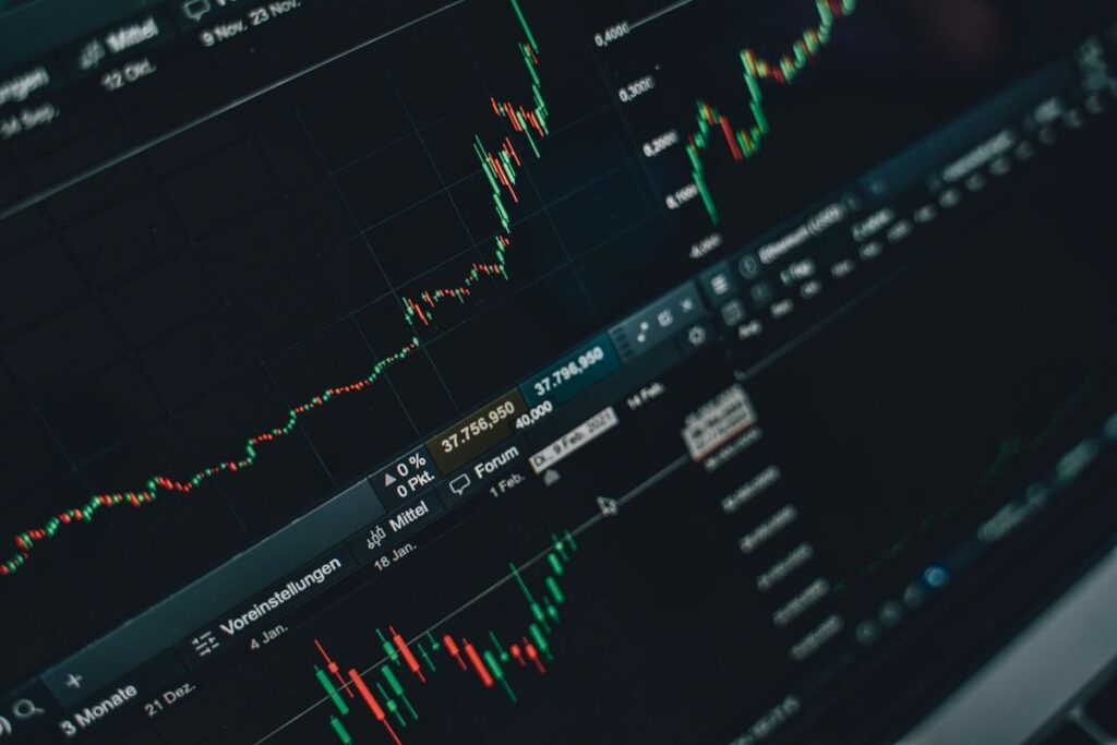 Screen showing a rising candlestick chart