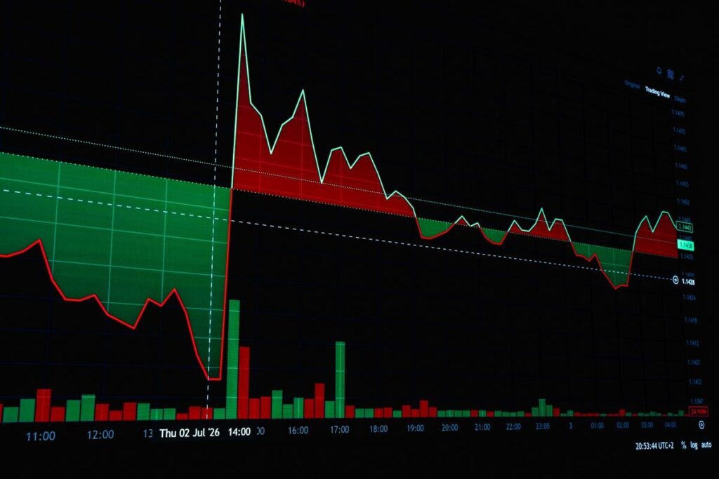 Price chart with red and green areas on a dark screen