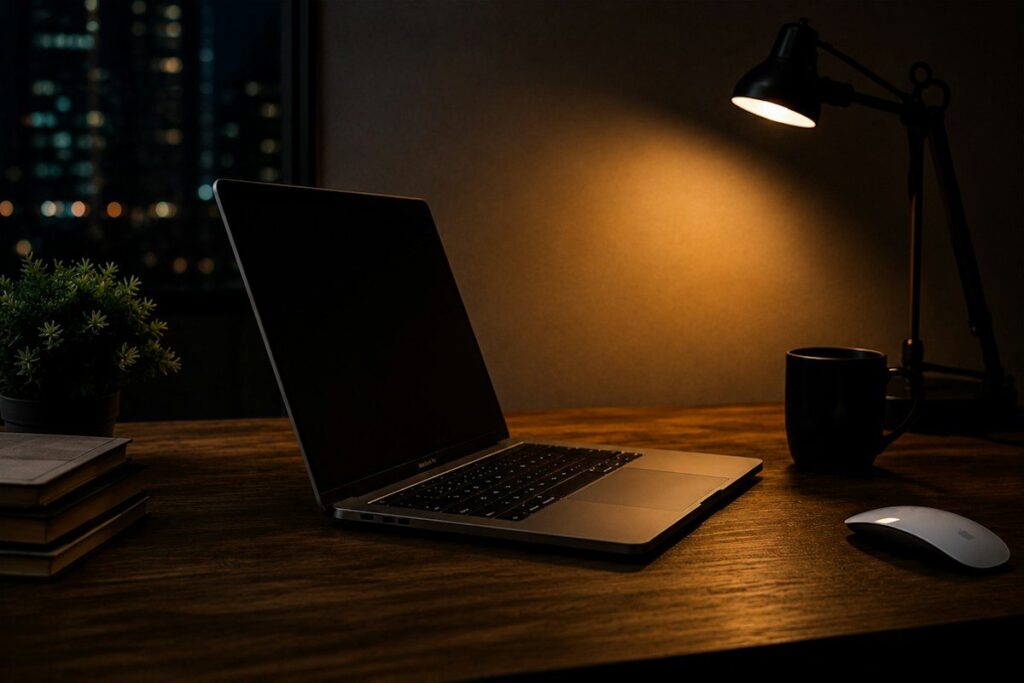 Desk lamp lit in a home office at night, where a UK trader reviews forex charts after work