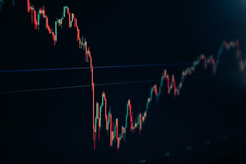 Screen showing a candlestick chart that falls sharply and then recovers