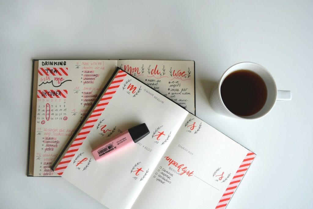Handwritten checklist in a notebook beside coffee, setting out a US500 price action process