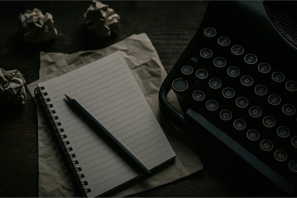 Blank notebook and pen beside a typewriter on a dark desk, ready to work out stop loss risk in pounds per point