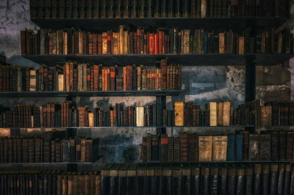 Rows of old books on dark library shelves, a picture of the historical record a backtest draws on