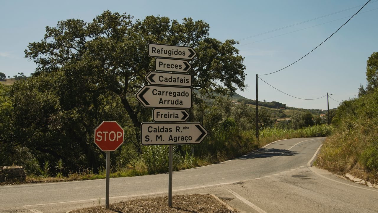 Crossroads signpost on a country road, like a trader using the point of control as a reference level