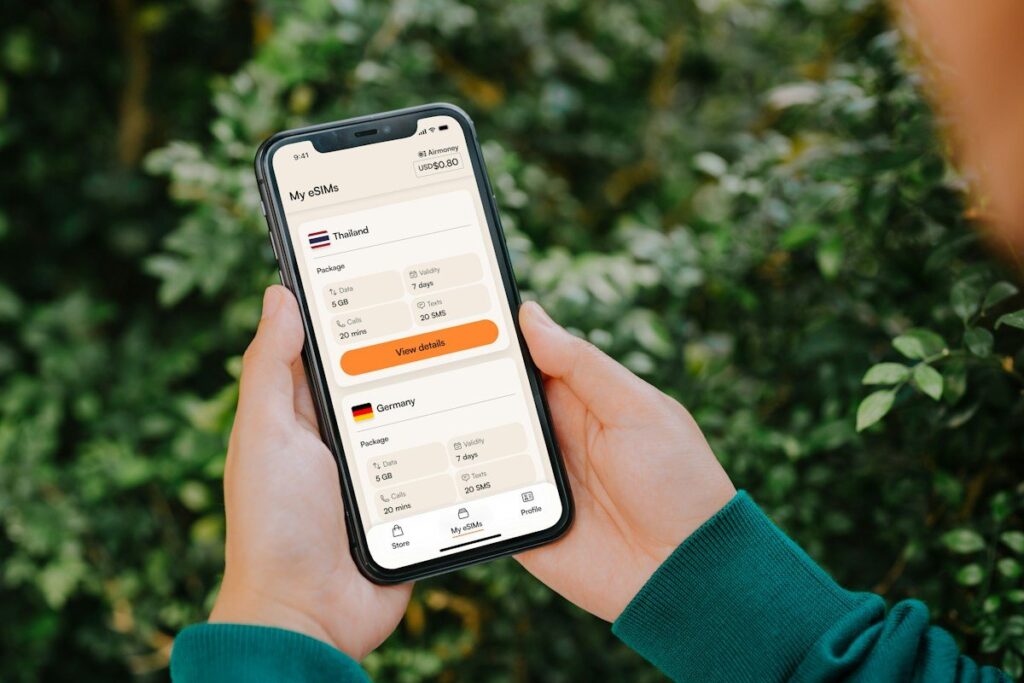 Hands holding a phone with a currency app open