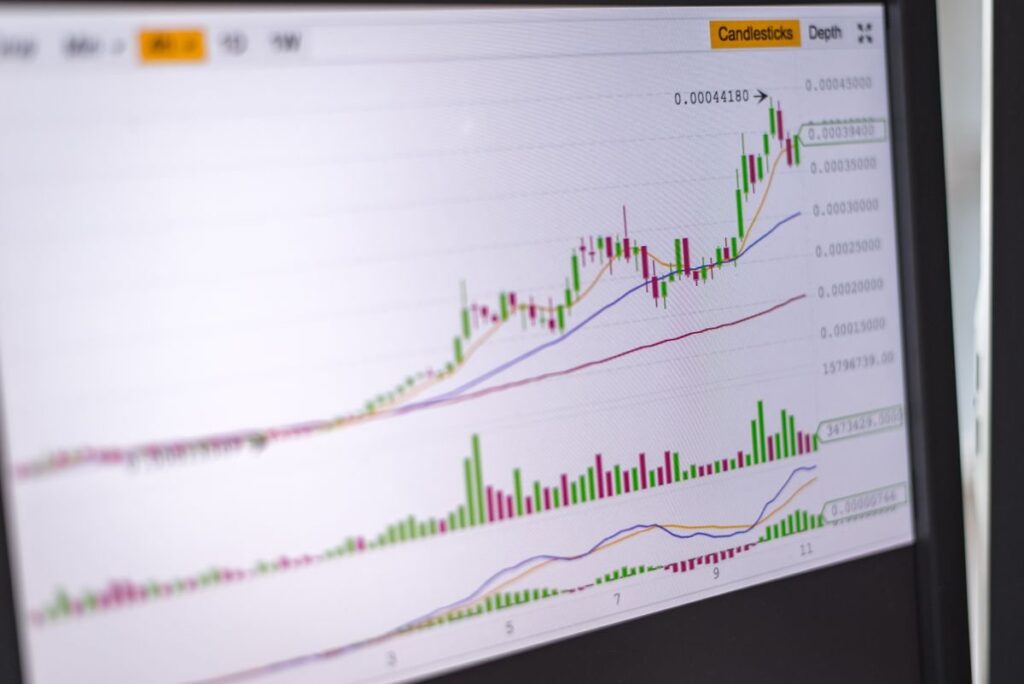 Rising candlestick chart with volume bars on a monitor