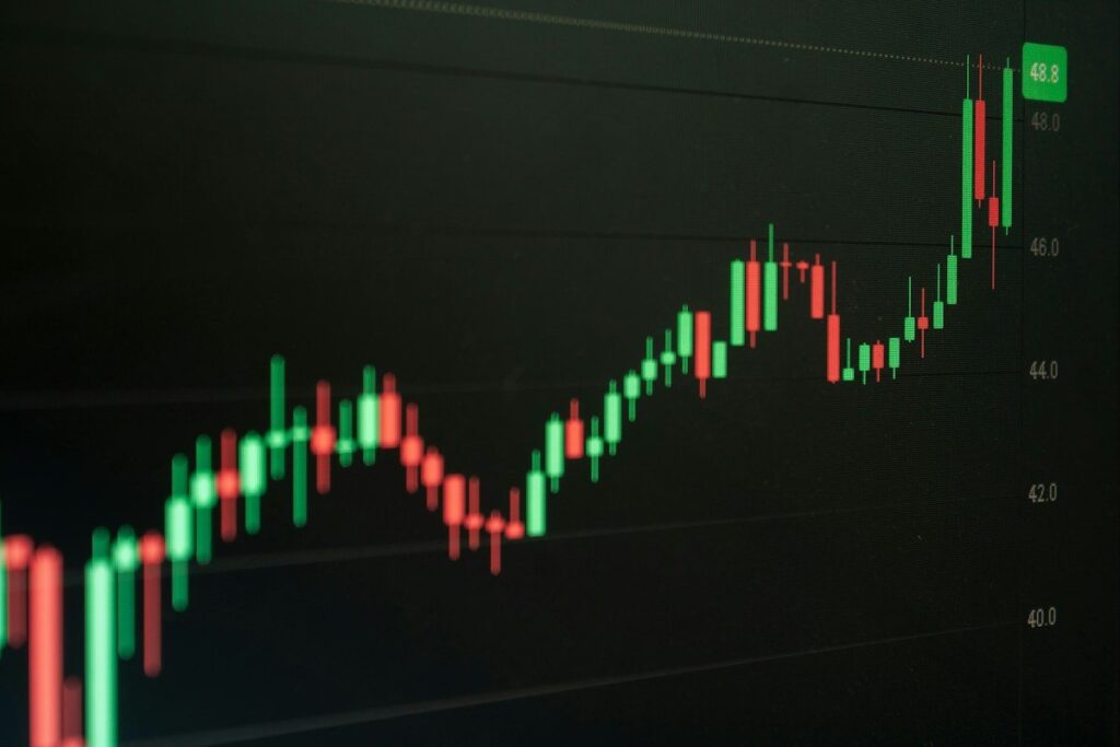 Trading platform on a monitor with horizontal lines marked across a price chart