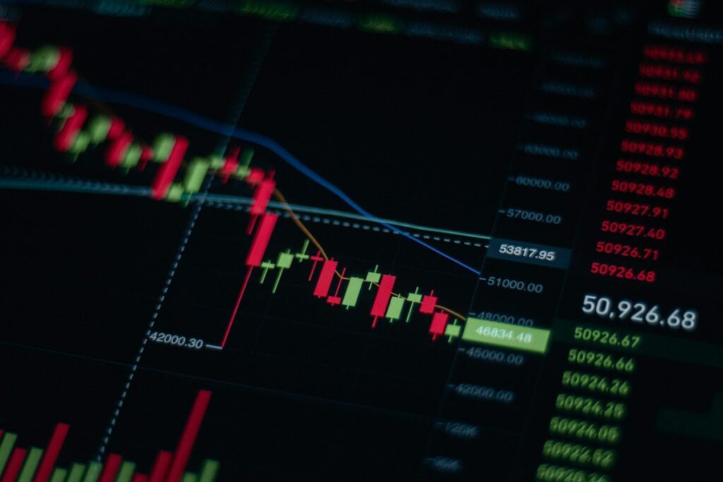 Screen showing a falling candlestick chart and a column of prices