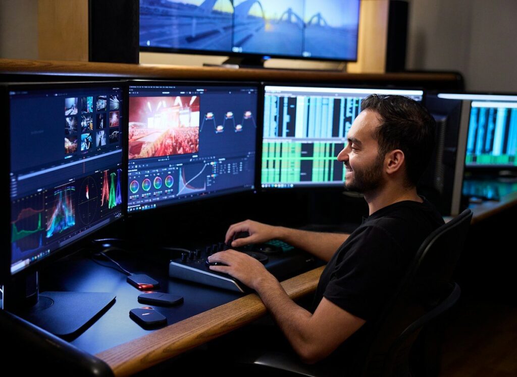 Man smiling at a desk with several monitors showing charts