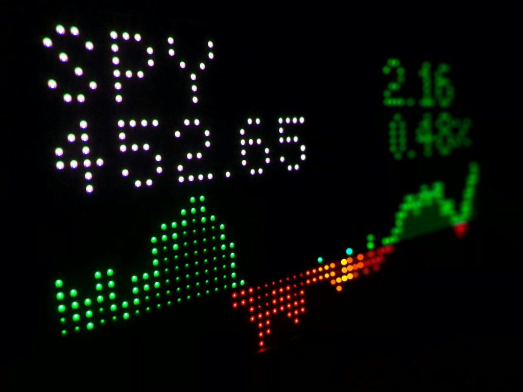 LED display showing a ticker price and a small chart