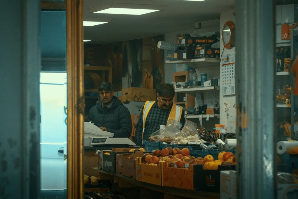 Greengrocer serving at the counter of a small shop, like a market maker standing ready to trade both ways