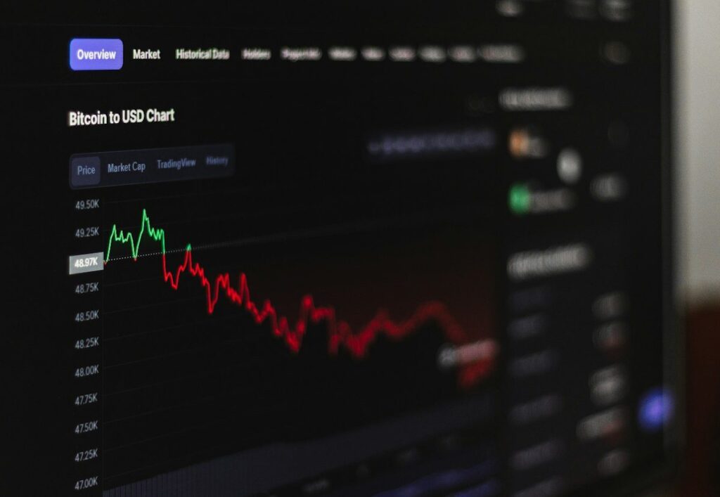 Dark screen showing a falling price chart