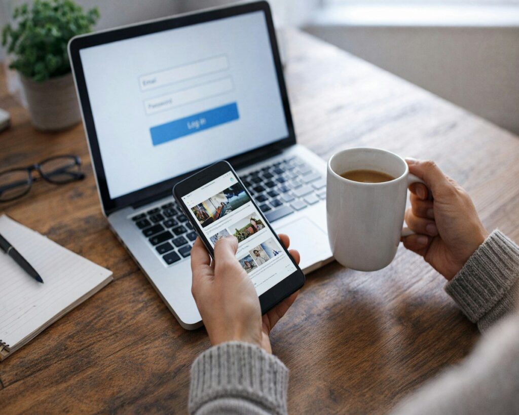 Person checking a phone at a desk with coffee, reviewing the bid and ask before placing a trade