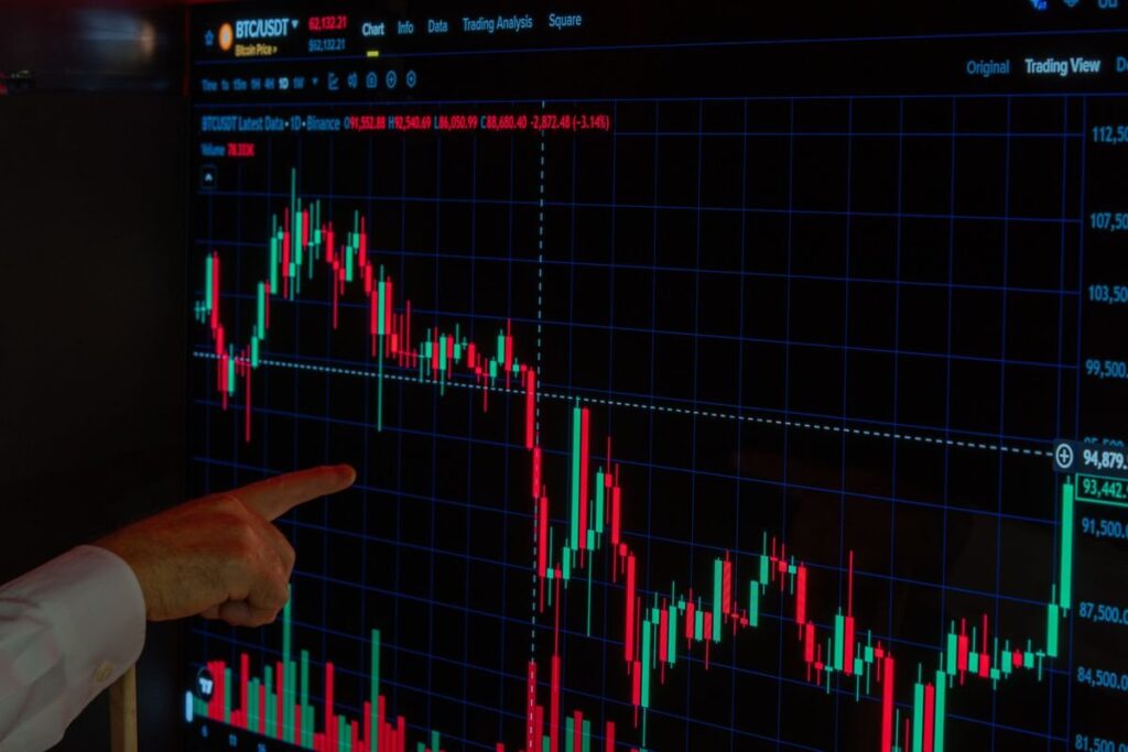 Finger pointing at a candlestick chart on a dark screen
