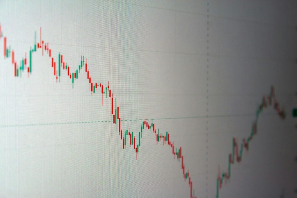 Candlestick chart on a screen, like comparing a reversal and a continuation engulfing candle setup