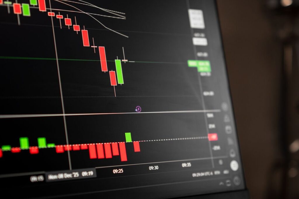 Candlestick chart on a trading screen seen at an angle