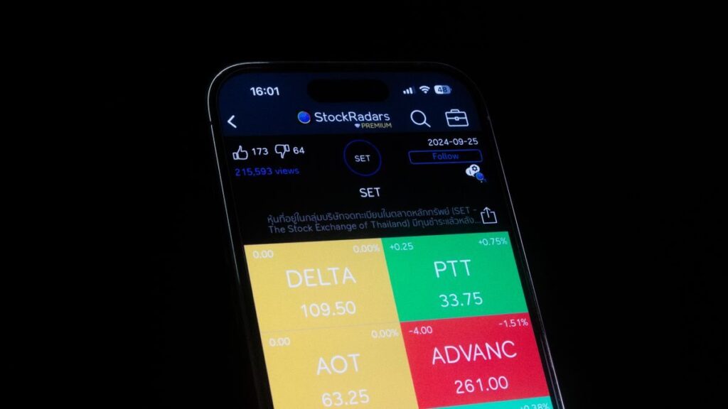 Phone showing a stock app with coloured tiles