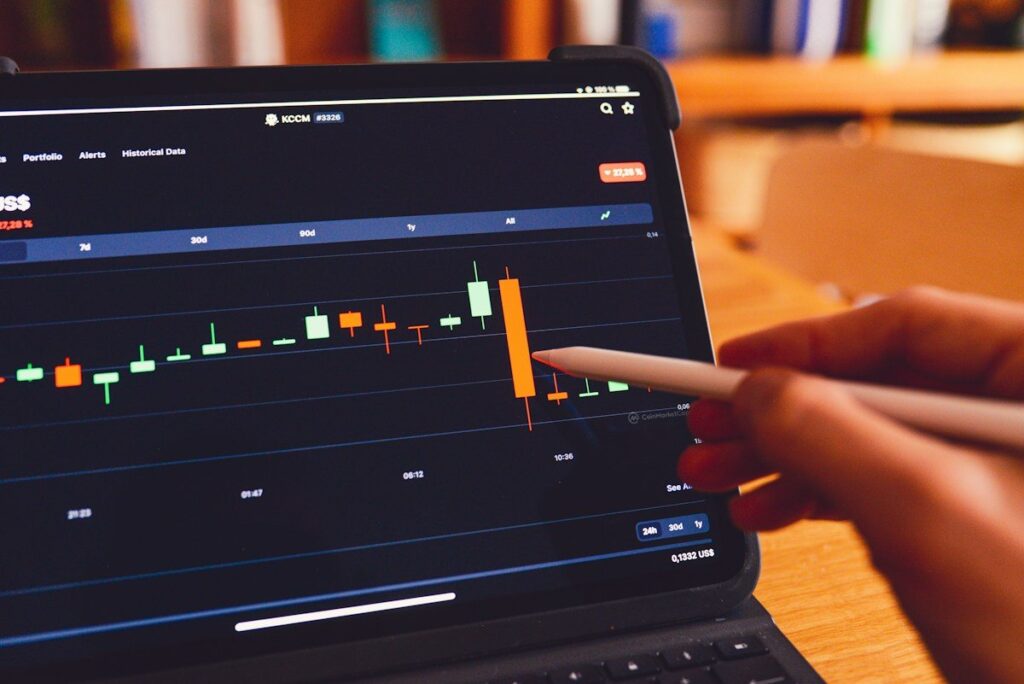 Hand pointing at a candlestick chart on a tablet