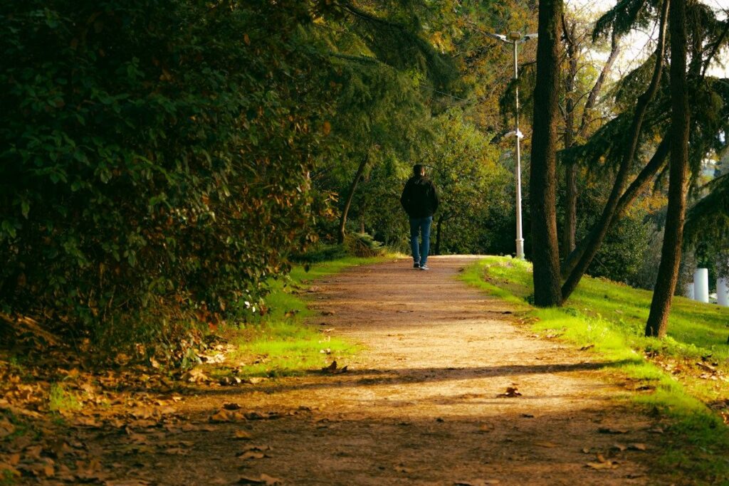 Person walking along a park path, taking a break from the screens after reaching a daily trade limit