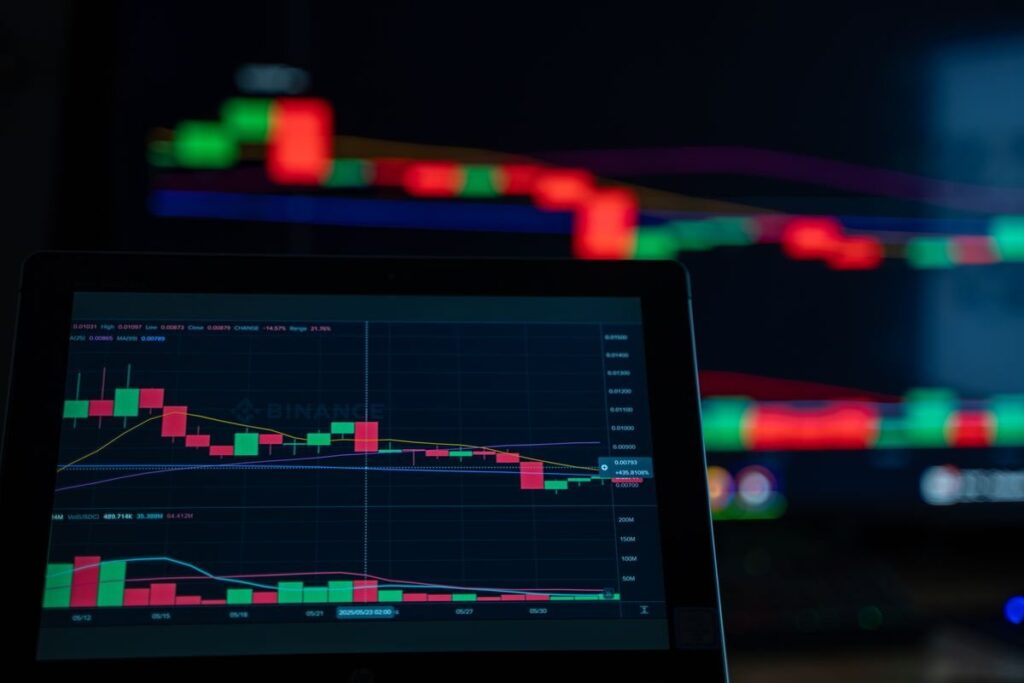 Trader leaning back from a desk while a trading platform shows a run of red candles