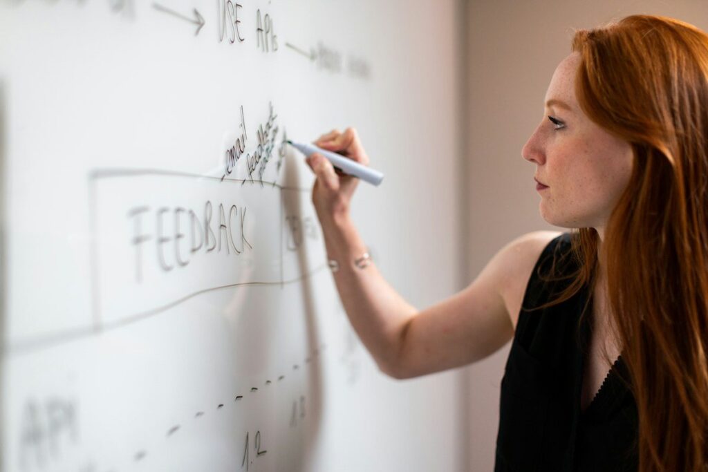 Person writing on an office whiteboard, setting out an inside bar trade plan with entry, stop and target