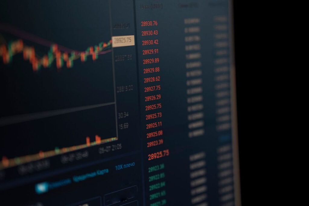 Screen showing a price chart and a column of live prices in a dim room