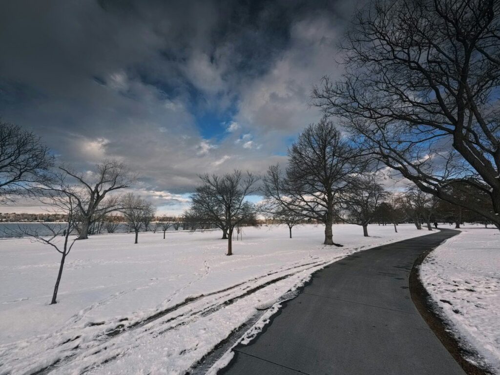 Untouched snow on a park path, like a fresh supply and demand zone that price has not revisited
